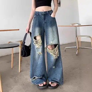 Women's Medium Wash Big Ripped Baggy Wide Leg Jeans, High Waist Oversized Destroyed Denim Pants, Double Knee Large Frayed Hole Raw Hem Y2K Grunge Casual Streetwear Bottoms