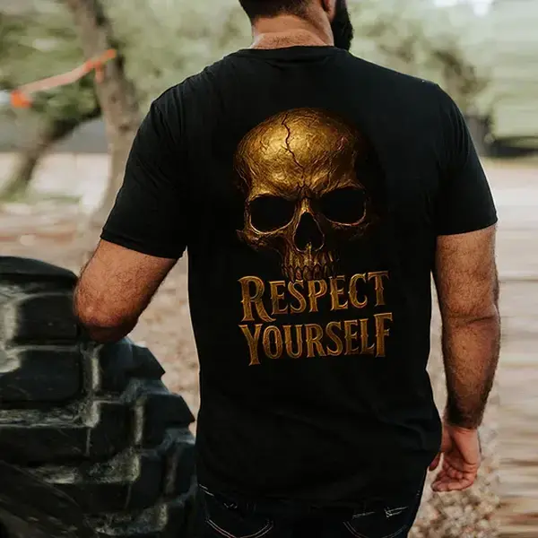 Men's 100% Cotton Short-Sleeve Graphic Round Neck Classic Tee - Respect Yourself Skull Print Vintage Unisex Casual T-Shirt, All-Season Streetwear Top with Premium Fabric