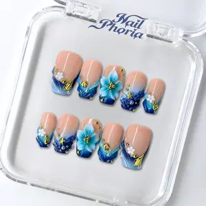 NailPhoria DROWNED IN AZURE -SUMMER Handmade Press-On Nails | Reusable, Salon-Quality, Long-Lasting, Glossy Design