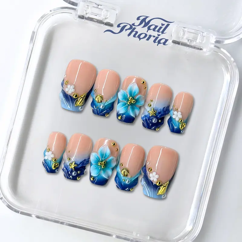 NailPhoria DROWNED IN AZURE -SUMMER Handmade Press-On Nails | Reusable, Salon-Quality, Long-Lasting, Glossy Design