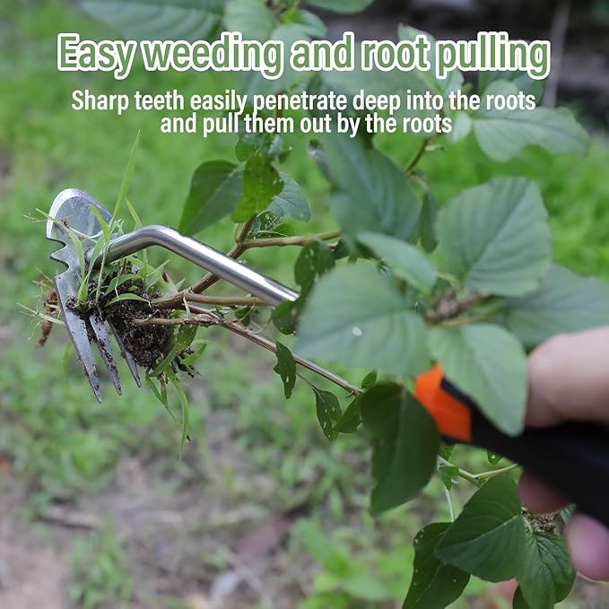 Weed Puller Tool – 4‑Teeth Manganese Steel, Ergonomic Rubber Handle, Portable Garden Weeder for Vegetable Gardening, Farm Planting, Gifts for Gardeners