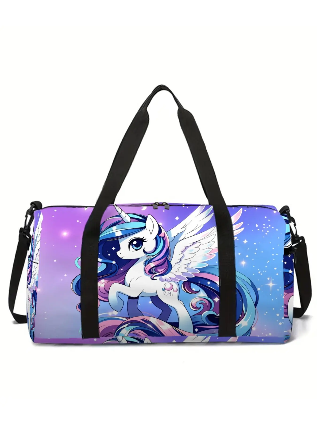 Large-capacity travel luggage bag with unicorn and pony pattern print, portable hand-held storage bag