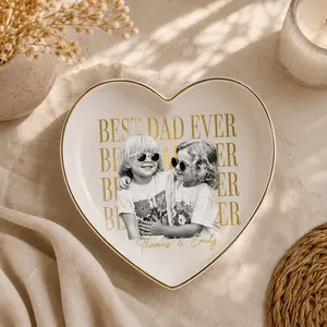 Personalized Best Dad Ever Ceramic Ring Dish - Custom Family Photo Plate With Kids & Pet, Father's Day Gift For Dad Grandpa Husband - Home Kitchen Decor