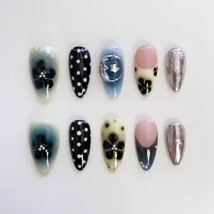 Black Flower Press on nails short Almond Nails/Moon Nails/Star Nails/Black Polka Dots nails/Airbrunsh nails/Cute nails/kawaii nails NFXQNA