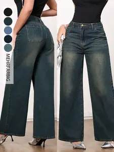 Women's Mid-Waist Wide Leg Denim Jeans, Pocket, Pants, Fit, Fashionable Comfortable Daily Wear, Perfect for Casual and Trendy Styles