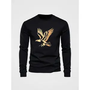 Men's Casual Long Sleeve T-Shirt with Eagle Cartoon Print - 100% Cotton Crew Neck, Rib-Knit Knit Fabric, Slight Stretch, H-Fit, 200gsm for Fall & Winter
