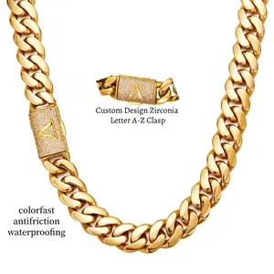 18K Gold Plated A–Z Alphabet Necklace with Custom Initial Engraved Flip Clasp Stainless Steel Solid Necklace for Mens Womens Waterproof No Tarnish 14mm Width for special occasions