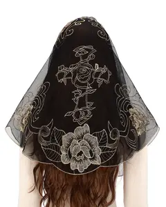 Bozidol Catholic Mantilla Mass Veil Cross Embroidery Chapel Lace Veil Spanish Church Scarf for Religious Prayer