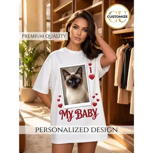 Custom Pet Cat Photo Print T-Shirt Personalized Love Heart Design Crew Neck Oversized Tee DIY Your Text Short Sleeve Summer Casual Streetwear Unisex Couple Matching Gift for Lovers Breathable Soft Com