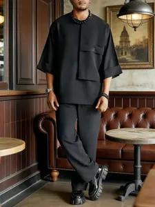 Men's Summer Short Sleeve Shirt and Elastic Waist Pants Set, Casual Round Neck Button Decor, Zip Shoulder, Split Hem, Daily Wear, Home, Street Style, Menswear