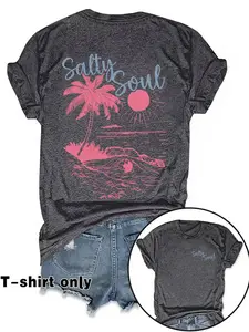 Spring Summer Coconut Tree Print T-Shirt, Fashion Comfort Casual Tee, Daily Wear, Trendy Graphic Women's Top, Breathable and Versatile Style