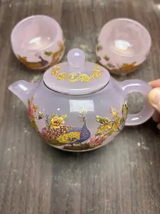 Luminous Pink Teapot Set with Peacock, Floral & Bird Designs (Gold Accents)