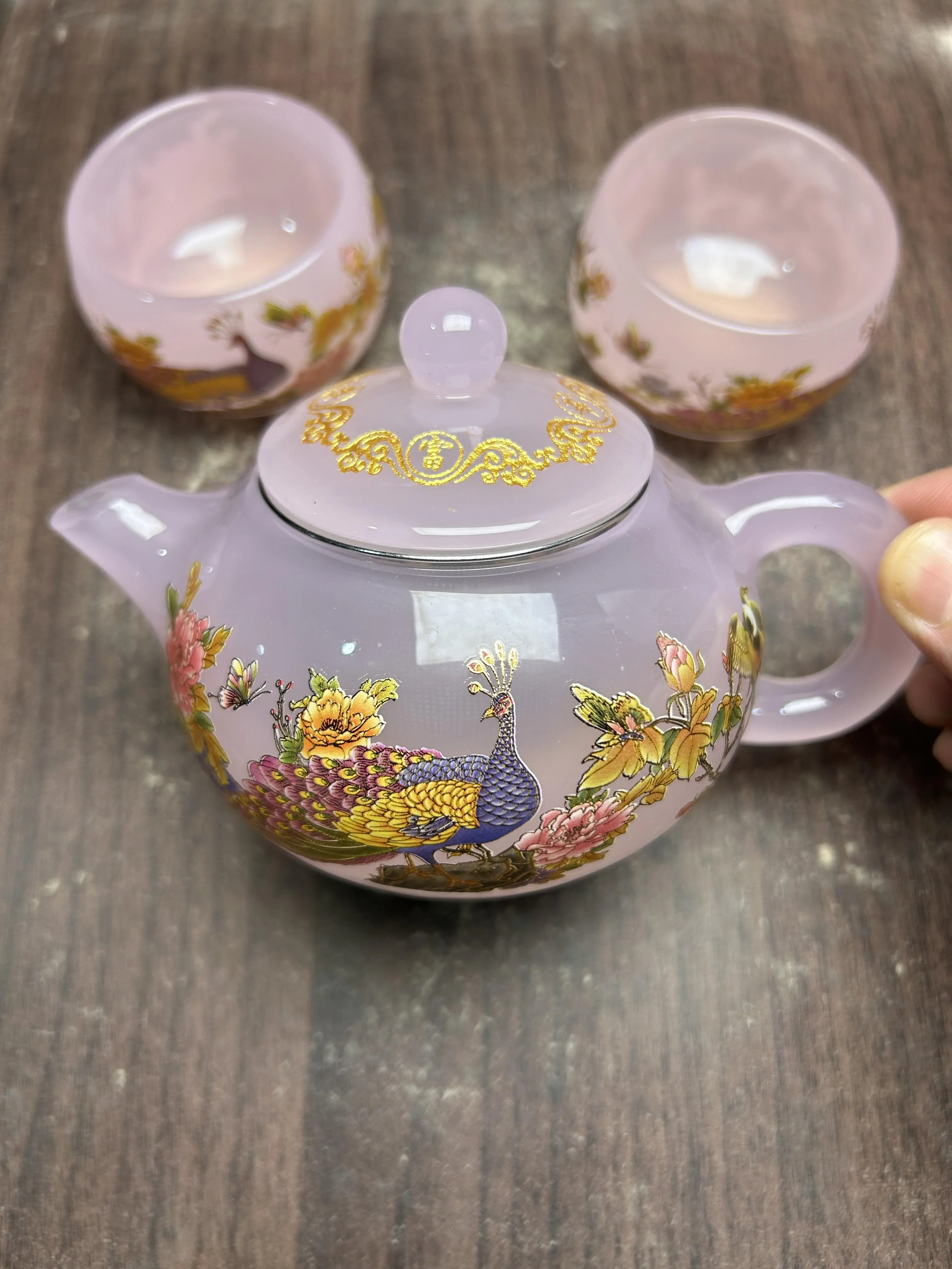 158Luminous Pink Teapot Set with Peacock, Floral & Bird Designs (Gold Accents)