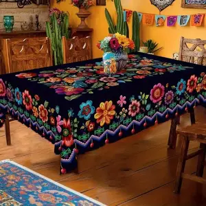 2D Flat Party Tablecloth, Mexican Style Rectangular Tablecloth, Vibrant Floral Pattern, Indoor Outdoor Use, Festival Decor, Kitchen Dining Cover