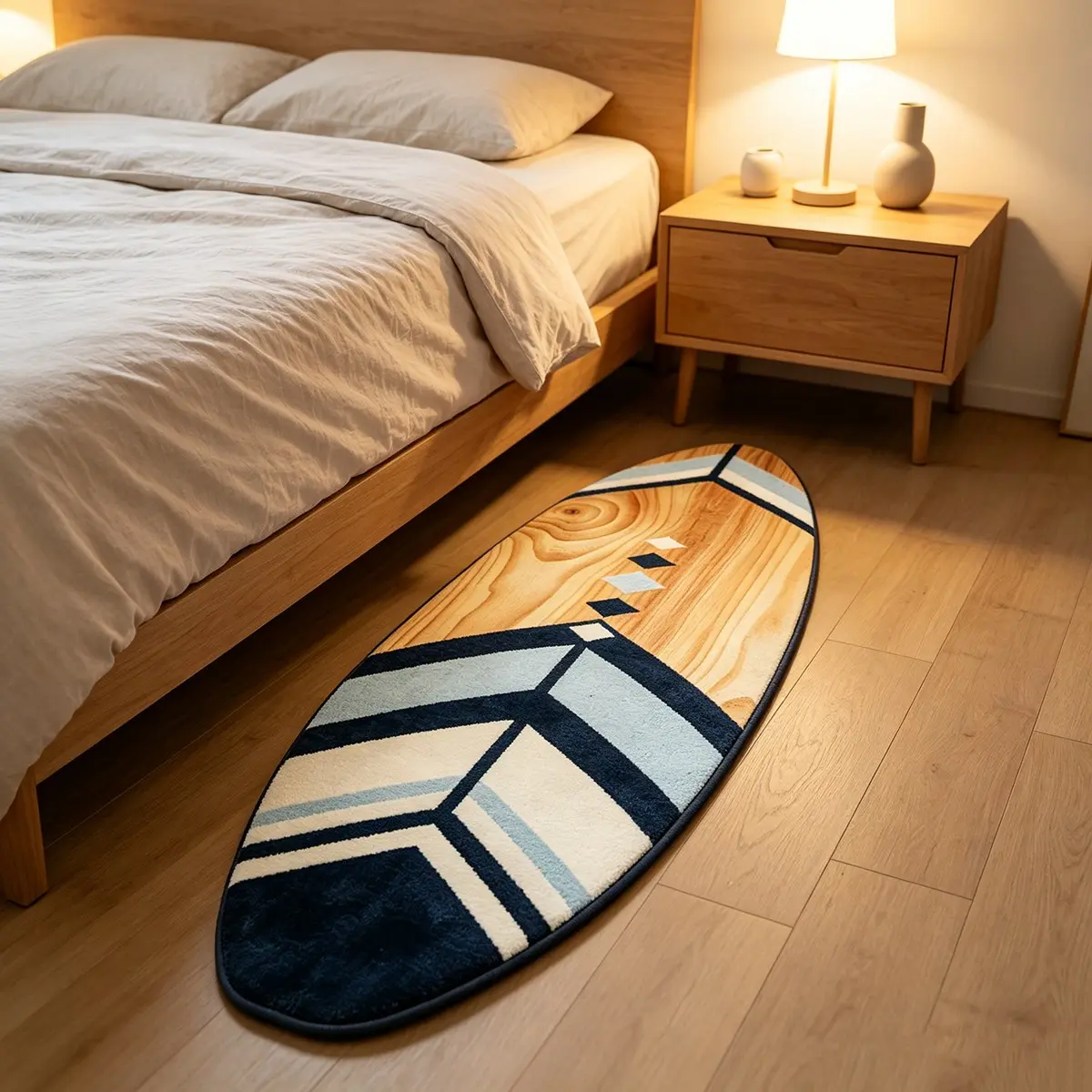 Surfboard Shape Rug, Wood Grain Geometric Pattern, Soft Short Pile, Non-Slip, Bedroom Bedside, Minimalist Coastal Style, Modern Minimalist Rug, Floor Rug, Decorative Rug