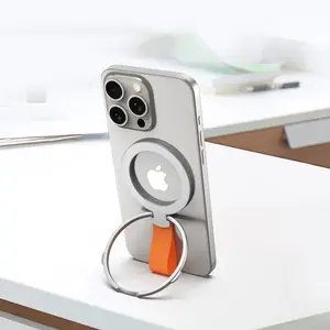 Magnetic Cell Phone Ring Holder Mount - Aluminium Alloy 360-Degree Rotatable Kickstand, Magsafe Compatible for iPhone 16/15/14/13/12 Pro Max, Black Orange, Cellphone/Smartphone Accessory with Wireless Induction Support