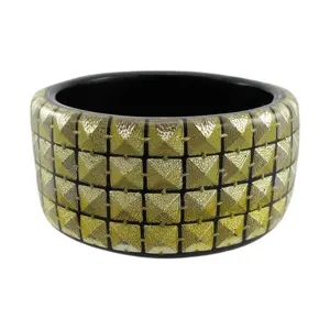1 1/2 Inch Wide Goldtone 80s Rock Pyramid Studded Lucite Bangle Bracelet