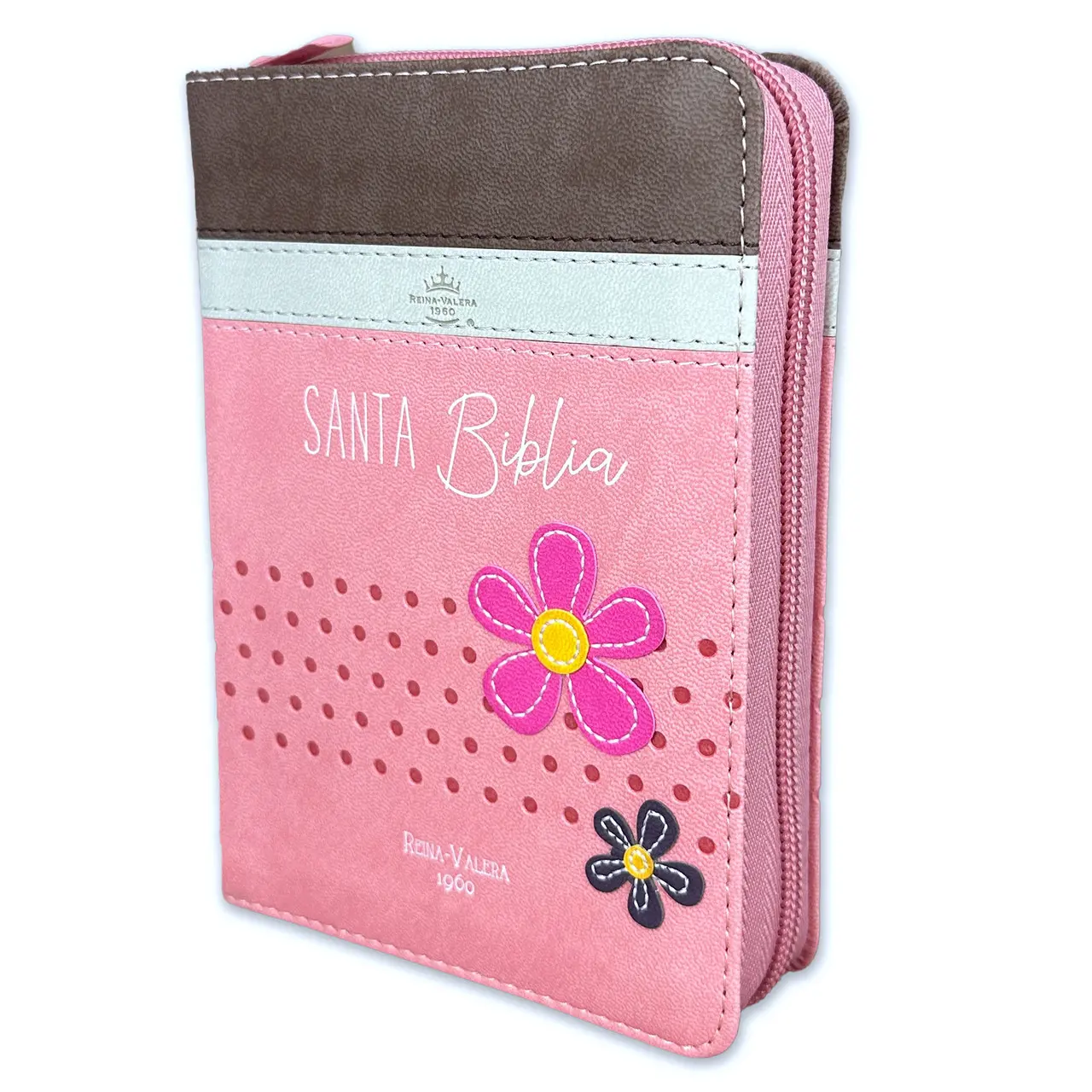Bible in Spanish for Children Pocketsize 8 points with Zipper Reina Valera 1960 Imitation Leather Pink Beige Flower