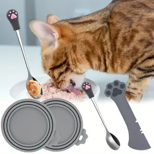 Reusable Pet Can Opener and Sealing Lid, Set of 4pcs (3size) Equipped with Stainless Steel Feeding Spoon, Cat and Dog Wet Food Feeding Spoon, Multifunctional Can Opener and Silicone Lid, Suitable for Pet Can Storage and Daily Feeding