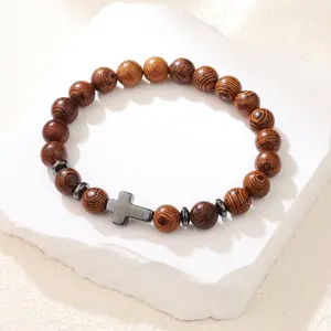 Black Gallstone Cross Beaded Bracelet Men's Wood Grain Bracelet New Popular Jewelry Minimalist Hoop Necklace Essential for Any Outfit ideal,anniversary,gift