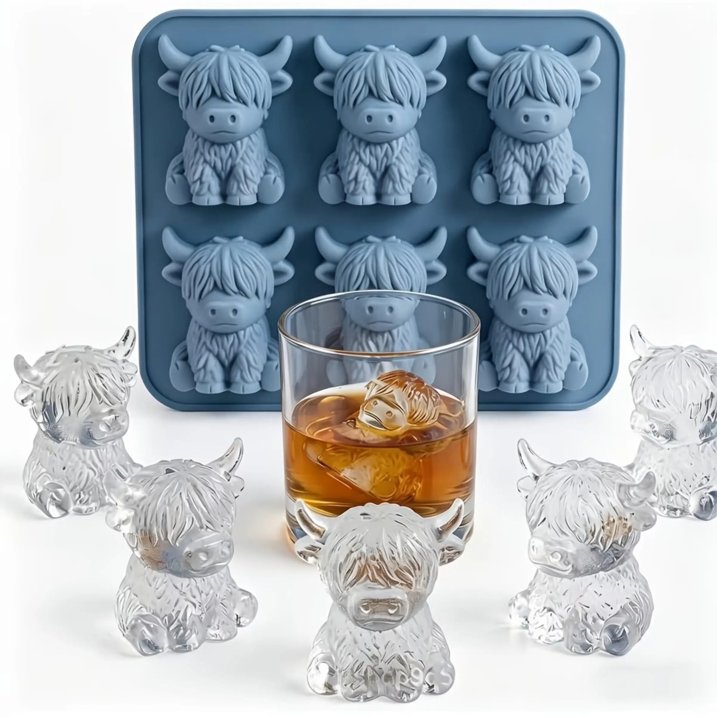 1pc Cute 3D Highland Cow Cube of Ice Silicone Tray, Ice Cube Trays for Freezer, Durable Easy Demold, Cartoon Yak Ice Mold for Whiskey Cocktail Iced Beverages, Whiskey Ice Cubes Mold