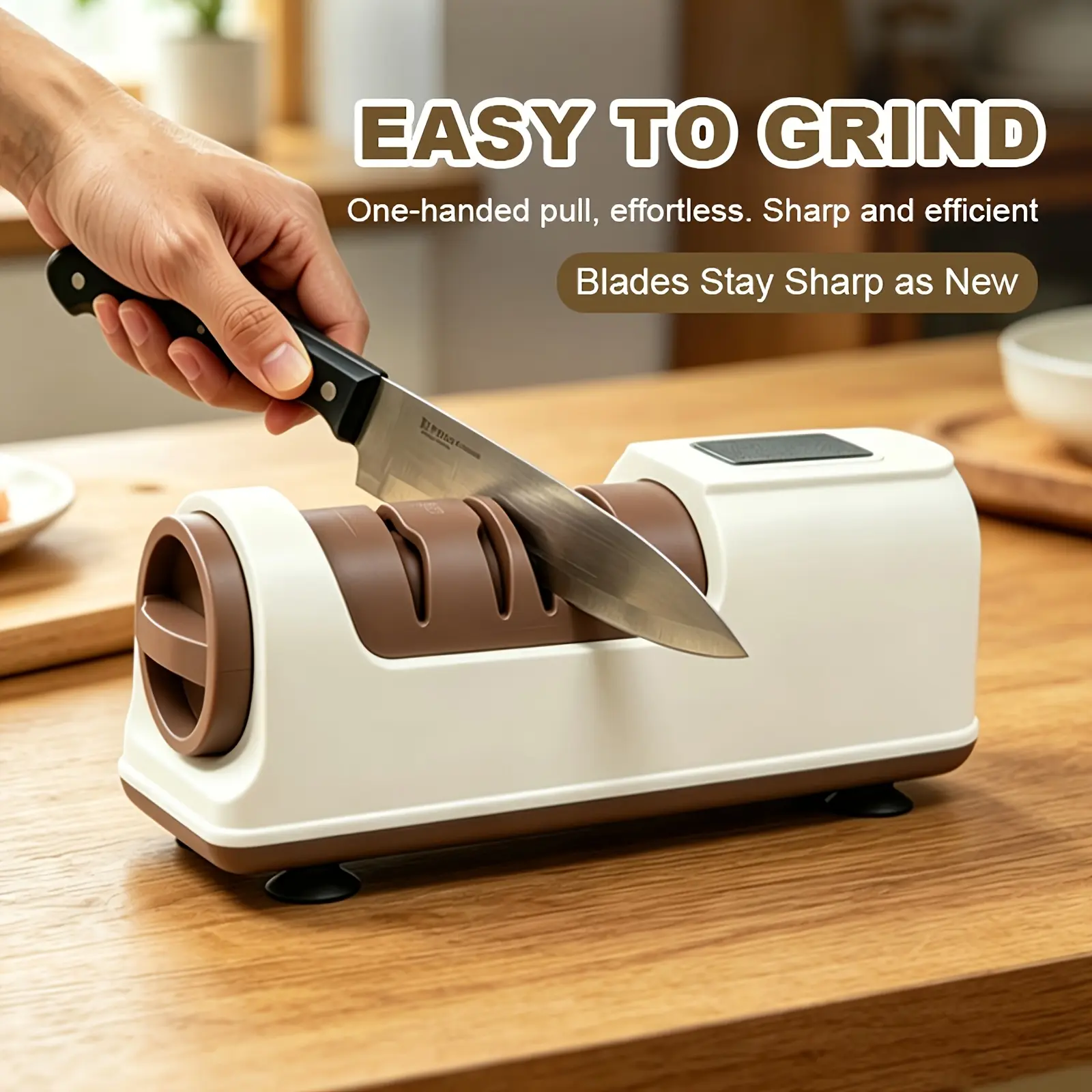 Professional 4-Stage Electric Knife Sharpener with Touch Control, Compact Countertop Knife Sharpening Tool, Coarse Medium Fine Polishing for Kitchen Knives, White Gold Modern Design for Home, Apartments & RV