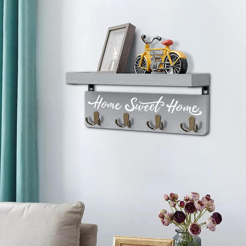 Wall Mounted Key and Mail Holder, Wood Key Holder with 4 Dual Key Hooks, Entryway Country Style Home Decor