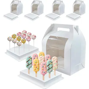 4 Pack Portable Cake Pop Holder Boxes Cake Pop Packaging Display Stand with Clear Window White Cakesicle Boxes