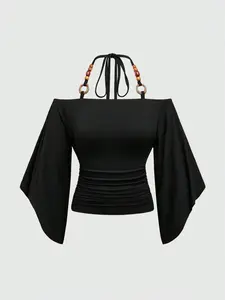 LUSHLACE Women's Oversized Off Shoulder Flounce Sleeve Beaded T-Shirt Summer Casual