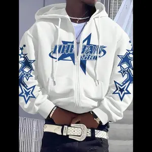 Men's Star & Letter Print Drop Shoulder Thermal Lined Zip Up Hoodie, Street Y2K Casual Regular Fit Drawstring Pocket Hooded Jacket for Daily Holiday Outdoor Wear, Men Clothes for Fall & Winter