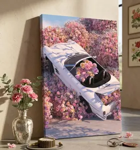 Dreamy Floral Retro Car Canvas Art,Pastel Room Decor,Whimsical Pink Floral Car Poster,Surrealist Floral Landscape Art,Girly Bedroom Wall Art