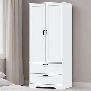 Wooden Freestanding Bedroom Wardrobe with 2 Doors 2 Drawers Hanging Rod Large Storage Space Easy Assembly for Bedroom Living Room Clothes