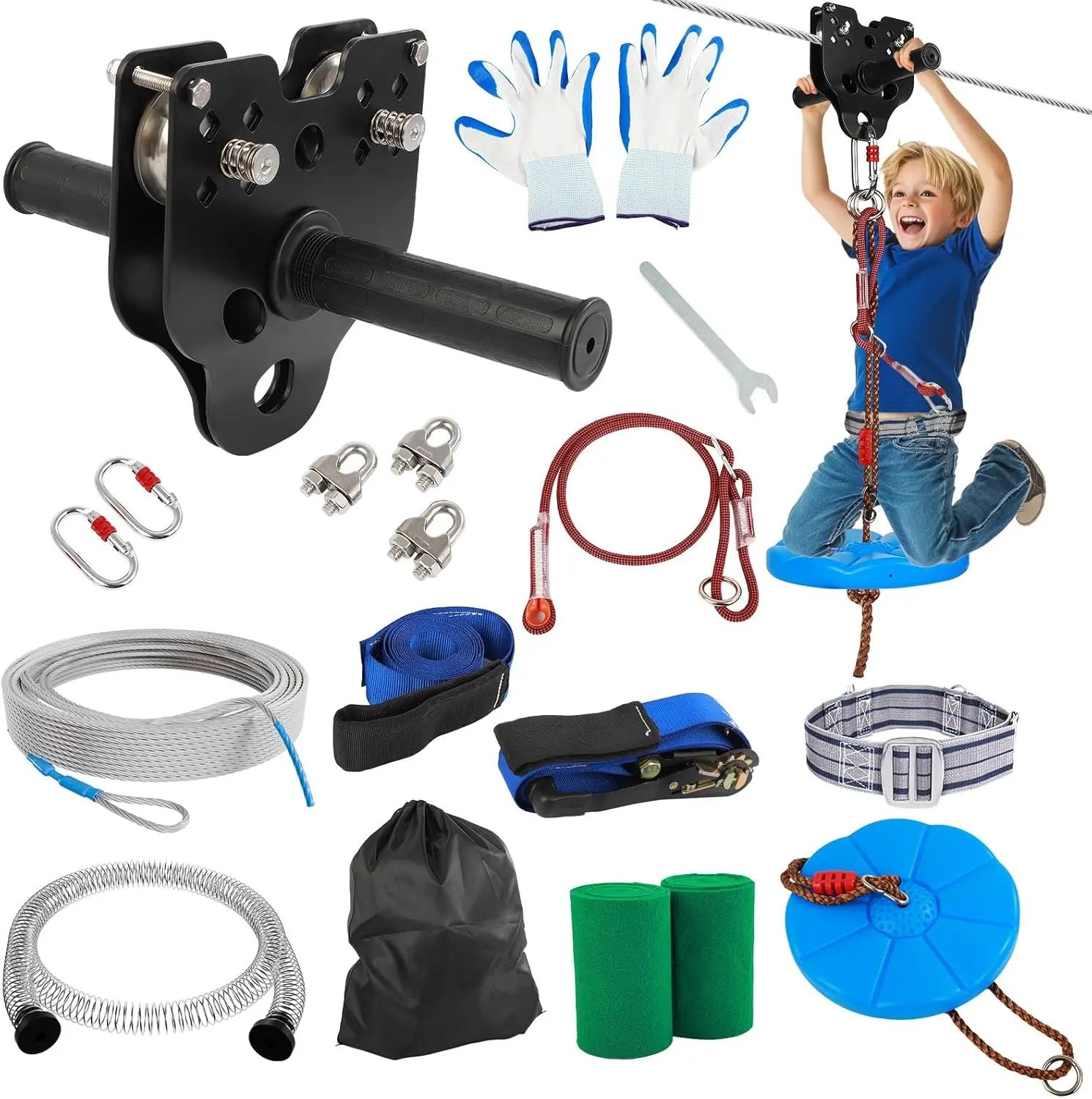 80FT Zipline for Backyard Kids and Adults: Up to 400 lbs Updated Removable Design Trolley,Thickened Seat,Safety Harness,Quick Tighten Zipline Kits for Outdoor