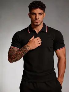 Men's Slim Fit Short Sleeve Striped Polo Shirt, Classic Stripe Tipped Collar Pique Polo, Breathable Casual Collared Top for Golf, Business & Daily Wear
