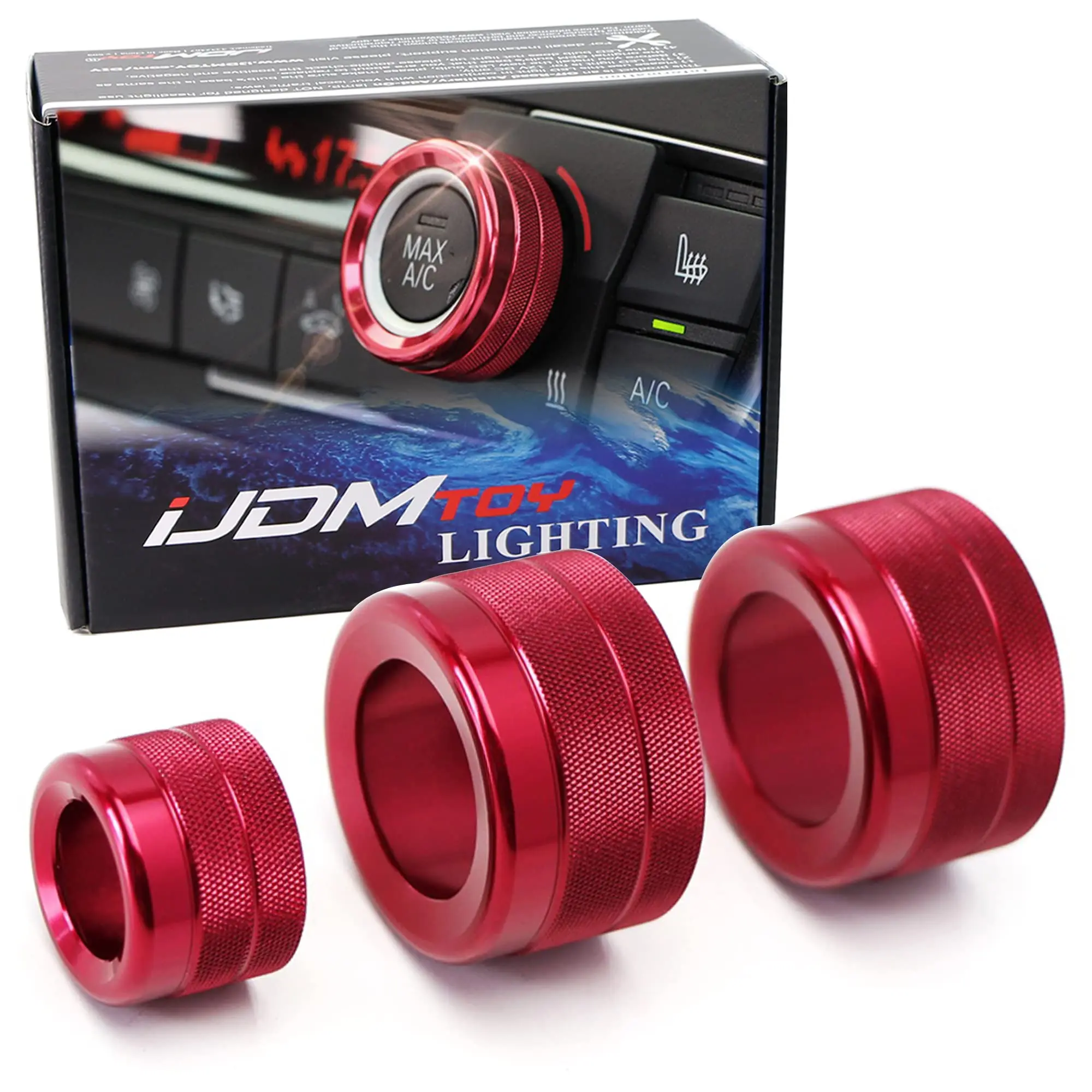 iJDMTOY 3pc Red Aluminum AC Climate Control Radio Volume Turner Ring Covers For 11-16 BMW F10 F11 F07 5 Series 5GT, 11-17 F12 F13 F06 6 Series, Gran Coupe, 08-15 F01 F02 7 Series