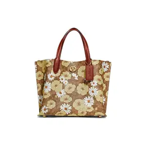 Coach Willow 24 Pebbled Floral-Print Double-Layer Coated Canvas and Calfskin Tote Bag for Women, Brown