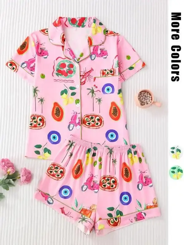 Women's Fruit Print Short Sleeve Top Elastic Waist Shorts Pajama Set Casual Comfy Two-piece Pj Set All Seasons Sleepwear Lounge Wear