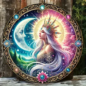 2D Flat, 1pc 8x8 Inch Circular Aluminum Wall Art - Moon Goddess & Celestial Theme with Stars, Nebulae, Floral Accents, Vibrant Colors, Intricate Design for Living Room, Bedroom, Office, Cafe, Bar Decor - Unique Gift Idea, Moon Decor, 2D Flat, Perfect for