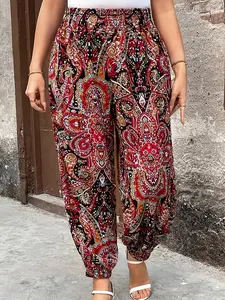 Women's Paisley Print Casual Long Pants, High Waist Fitted Ankle Pants, Spring & Fall Fashion, Bohemian Ethnic Pattern, Pockets Design