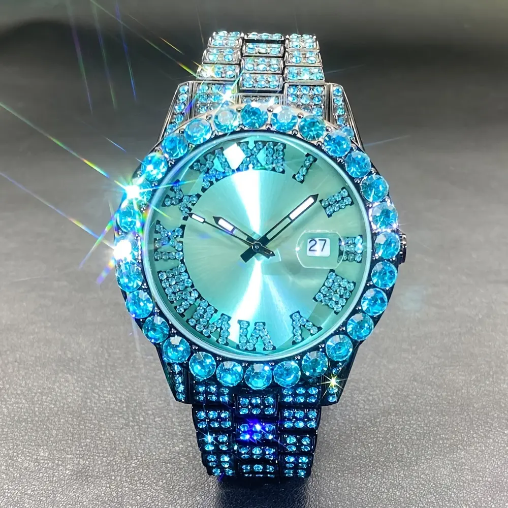 MISSFOX Luxury Rhinestone Couples' Watch - Ice Blue & Red, Quartz Movement with Calendar Feature, Luminous Display for Men and Women - Perfect Party Gift, Ice Blue Rhinestone, Unique, Fashion