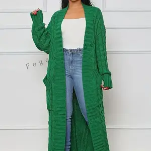 Fashion Women's Clothing Long Length Cable Knit Cardigan - Elegant Solid Long Sleeve Sweater With Pockets - Women's Clothing - Fall/Winter - Suitable Casual & Formal Occasions - Women    Fabric Fit Knitwear Womenswear