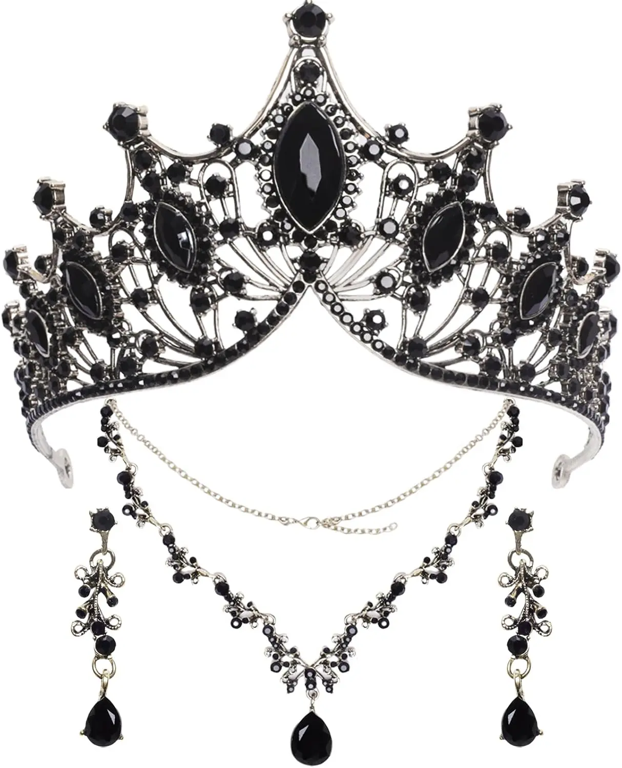 3 count Baroque  Crown Set - Tiara, Earrings, Necklace,  Headband - Black Rhinestone Princess Crown for Wedding, Bridal, Prom, Halloween Costume Accessories