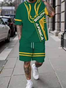 Men's summer casual vacation short-sleeve set, green and yellow color-block South African element printed casual style men's short-sleeve set, casual short-sleeve and short pants set, vacation-style trendy clothing, breathable sports casual style