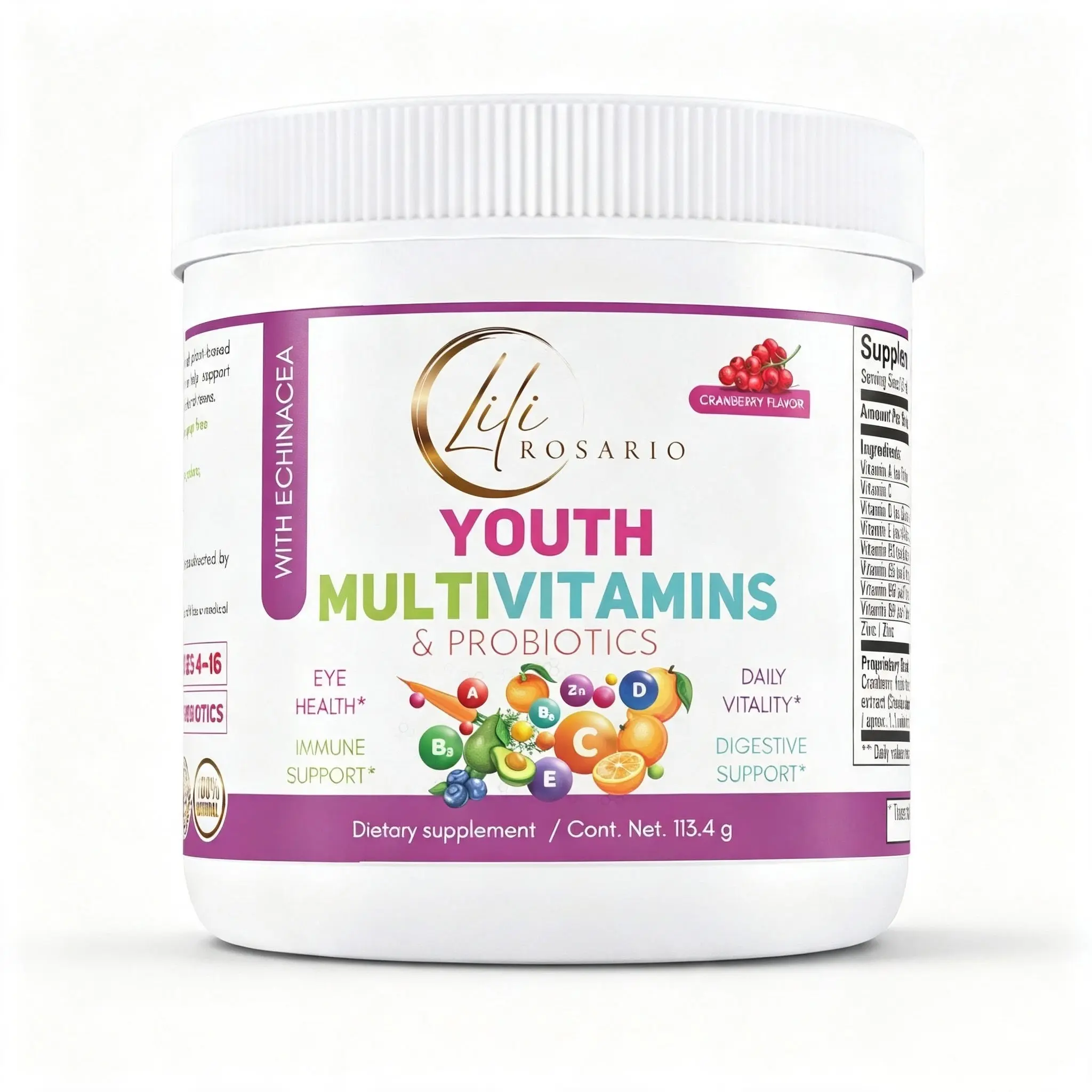 LILI ROSARIO YOUTH MULTIVITAMINS & PROBIOTICS | WITH ECHINACEA | CRANBERRY FLAVOR | 113.4 G