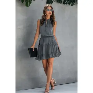 Stacey B's Sleeveless Tie Neck Frill Trim Tiered Layer Dress