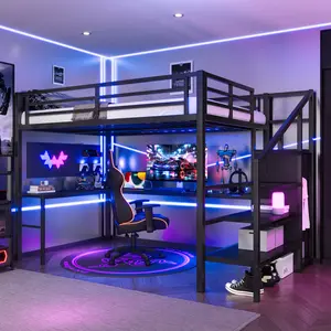 Full XL Size Loft Bed with L-shaped Desk and USB, Heavy-Duty Metal Loft Bed Frame with Wardrobe and Adjustable Shelf, High Loft Bed with LED for Kids Teens Adults, Noise Free, Black