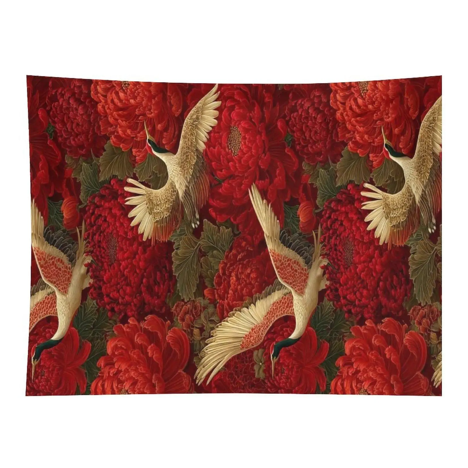 Vintage Red Peony & Red-Crowned Crane Chinese Traditional Wall Tapestry - Oriental Floral Bird Flowers Seamless Asian Art Decor for Classic Bedroom, Dorm Backdrop