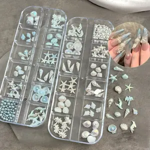 1box Compartment Nail Art Additions, Aurora Conch, Starfish Shell, Coconut Tree Shaped, Wearable Nail Diamond Decoration Set