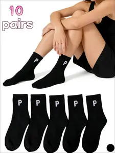 10 pairs, women's socks, Japanese-style black and white color-block striped checkered letter mid-calf socks, trendy INS student sports versatile long socks, comfortable and soft for spring and summer, simple and versatile, suitable for daily wear, casual,