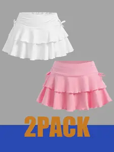 2-piece set of pure color knitted fashionable double-layer ruffle edge short skirt for teenagers, casual play and sports, simple and versatile, elegant, suitable for spring, summer and autumn, machine washable and dry cleanable, suitable for teenagers' cl